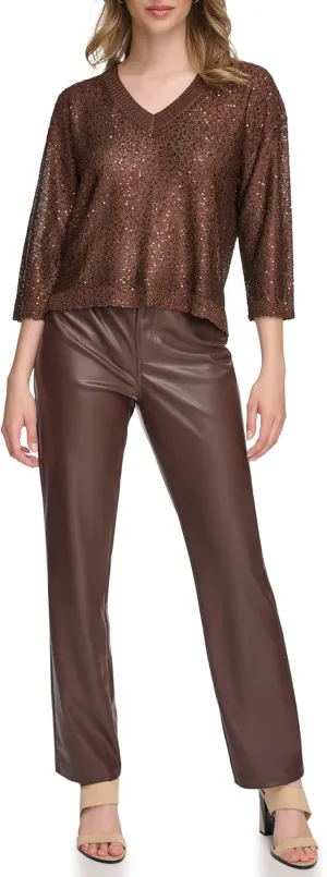 Calvin Klein Women's Pull on Sequin V Neck Sweater