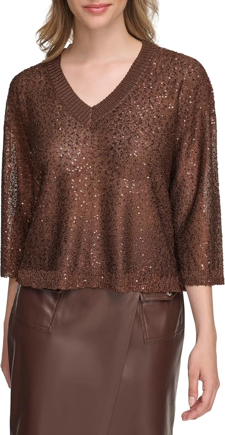 Calvin Klein Women's Pull on Sequin V Neck Sweater