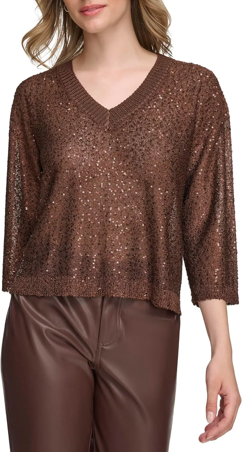 Calvin Klein Women's Pull on Sequin V Neck Sweater