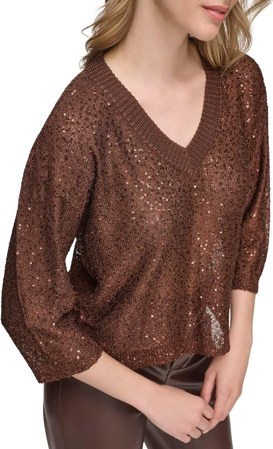 Calvin Klein Women's Pull on Sequin V Neck Sweater