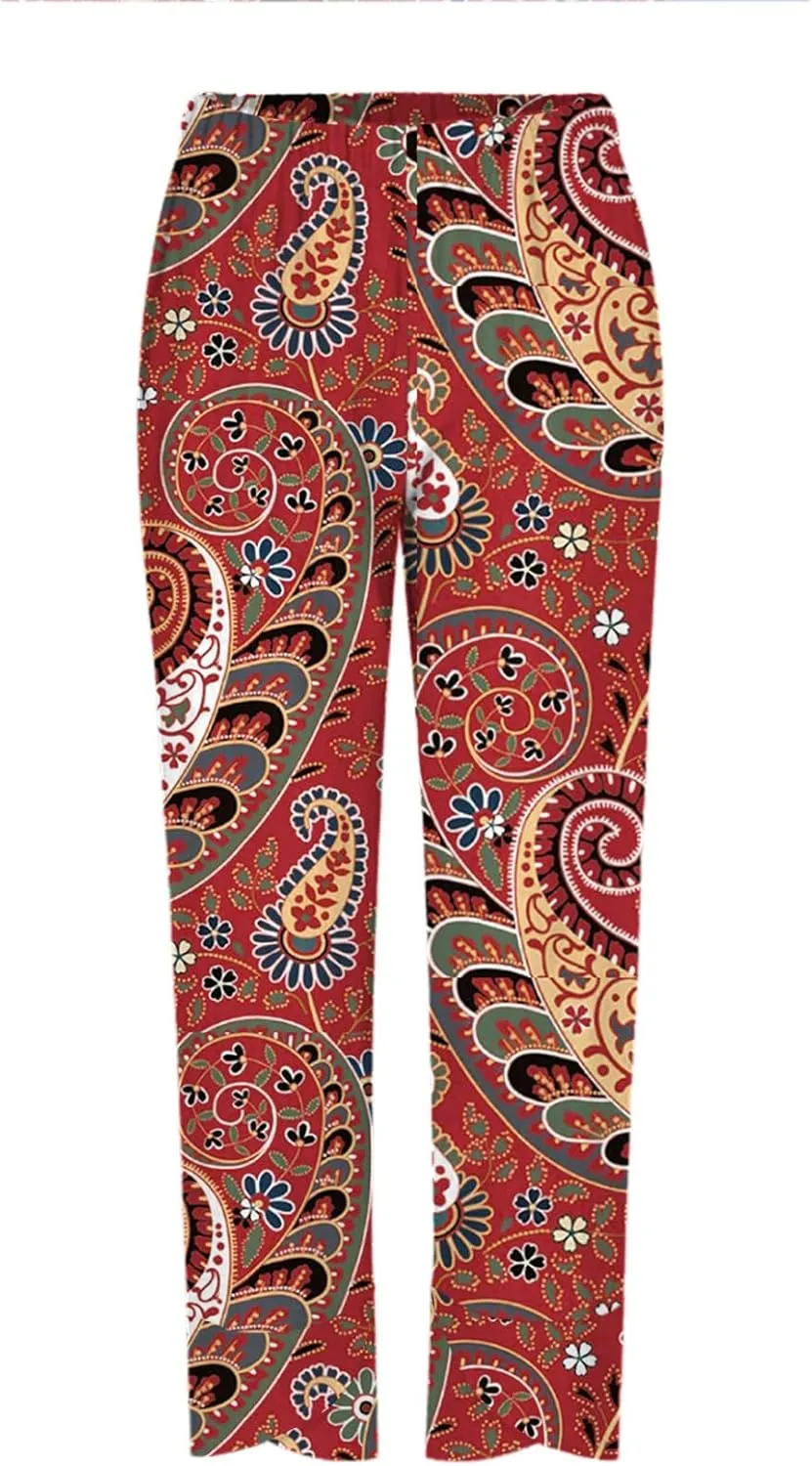 Capri Pants for Women Boho Summer Elastic Waist Casual Pants Butterfly Lightweight Straight Leg Trousers
