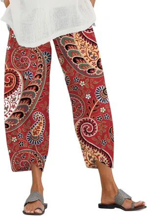 Capri Pants for Women Boho Summer Elastic Waist Casual Pants Butterfly Lightweight Straight Leg Trousers