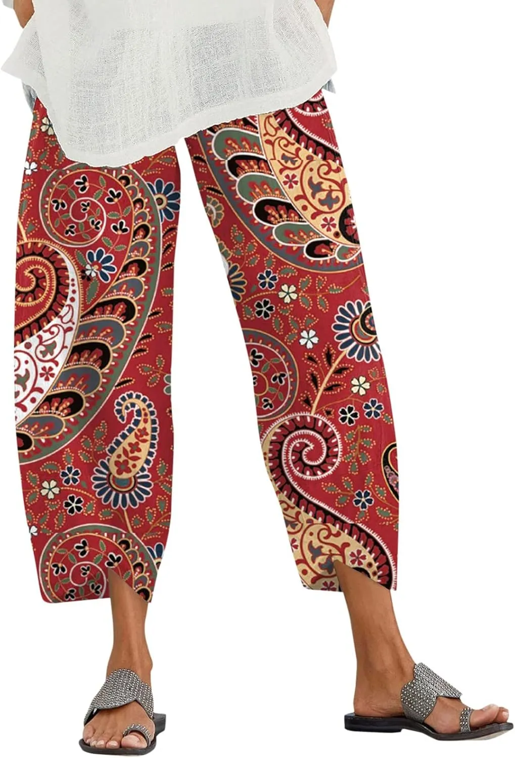 Capri Pants for Women Boho Summer Elastic Waist Casual Pants Butterfly Lightweight Straight Leg Trousers