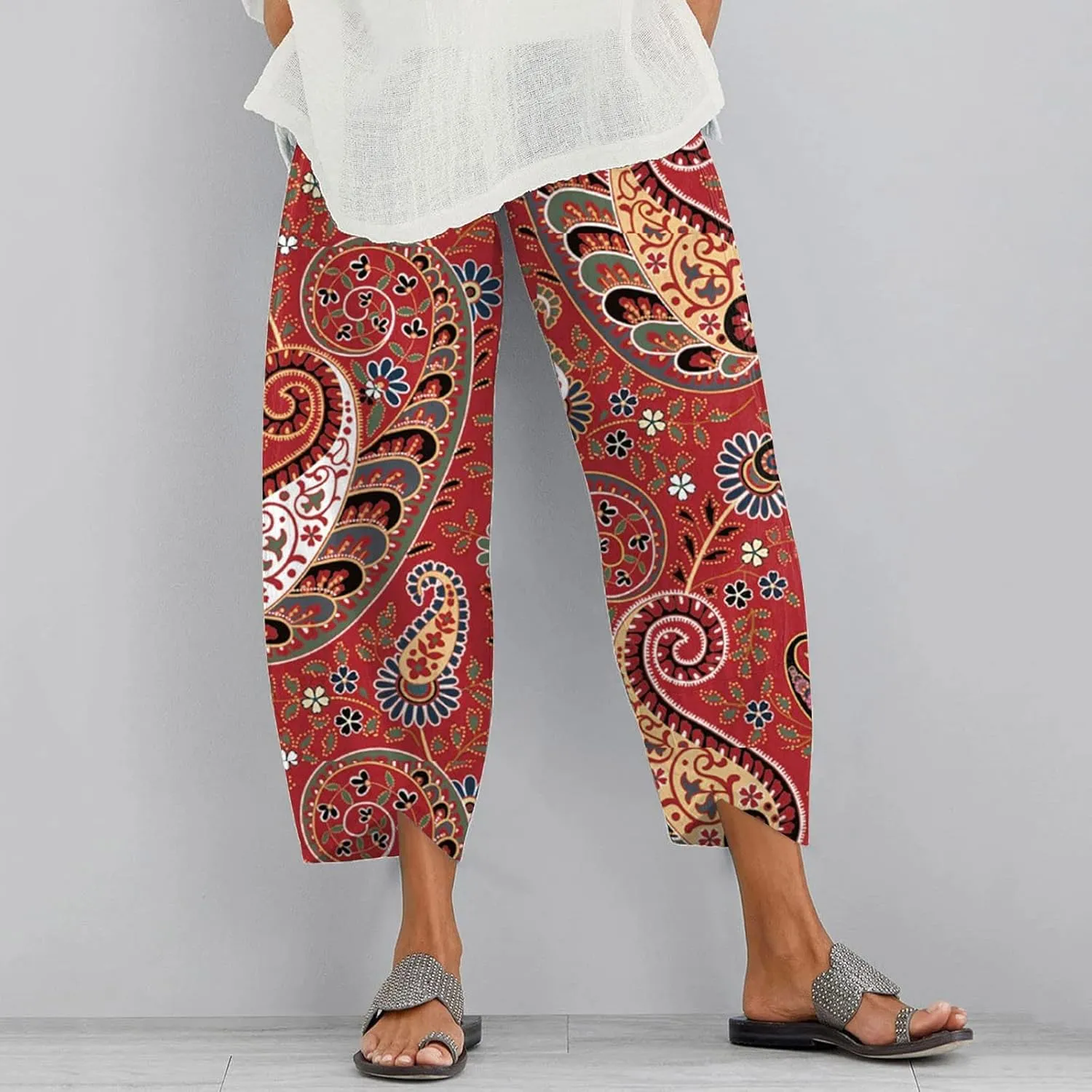 Capri Pants for Women Boho Summer Elastic Waist Casual Pants Butterfly Lightweight Straight Leg Trousers