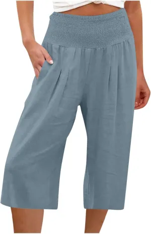 Capri Pants for Women Cotton Linen Summer Casual Wide Leg Capris Smocked High Waist Cropped Trousers with Pockets
