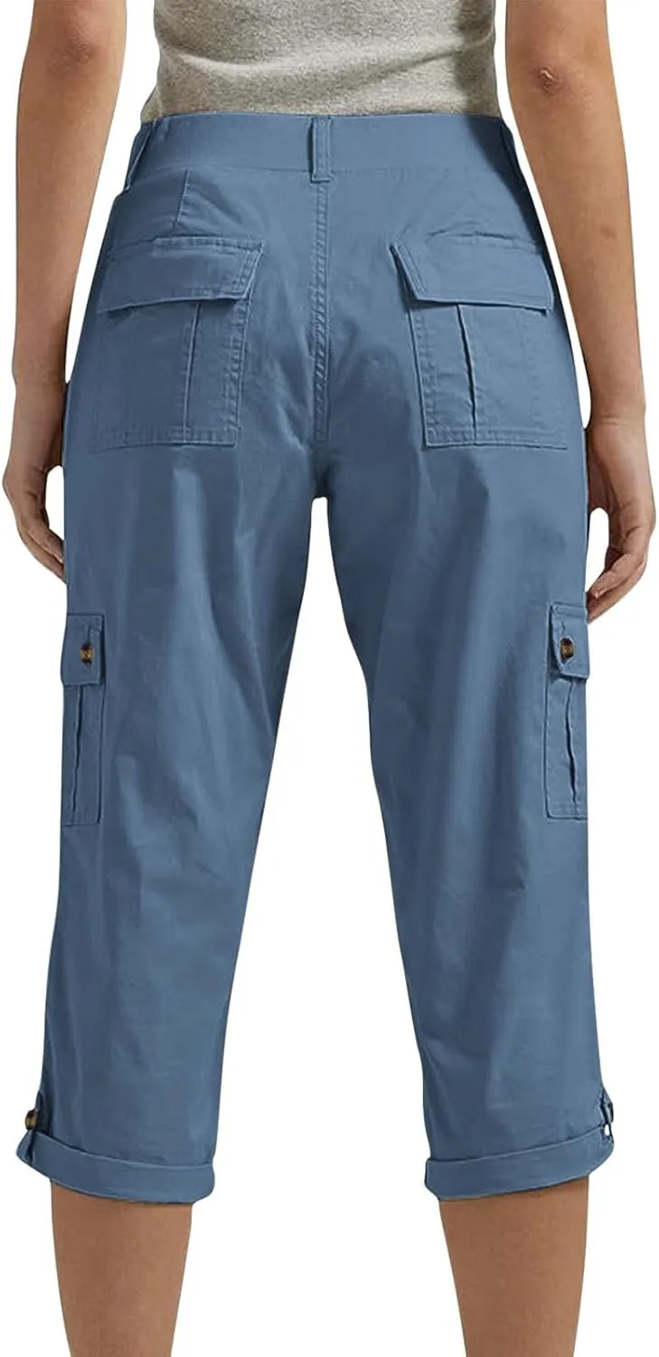 Capri Pants for Women Dressy Casual Elastic Waist Work Capris Loose Lightweight Summer Cropped Trousers Multi Pockets