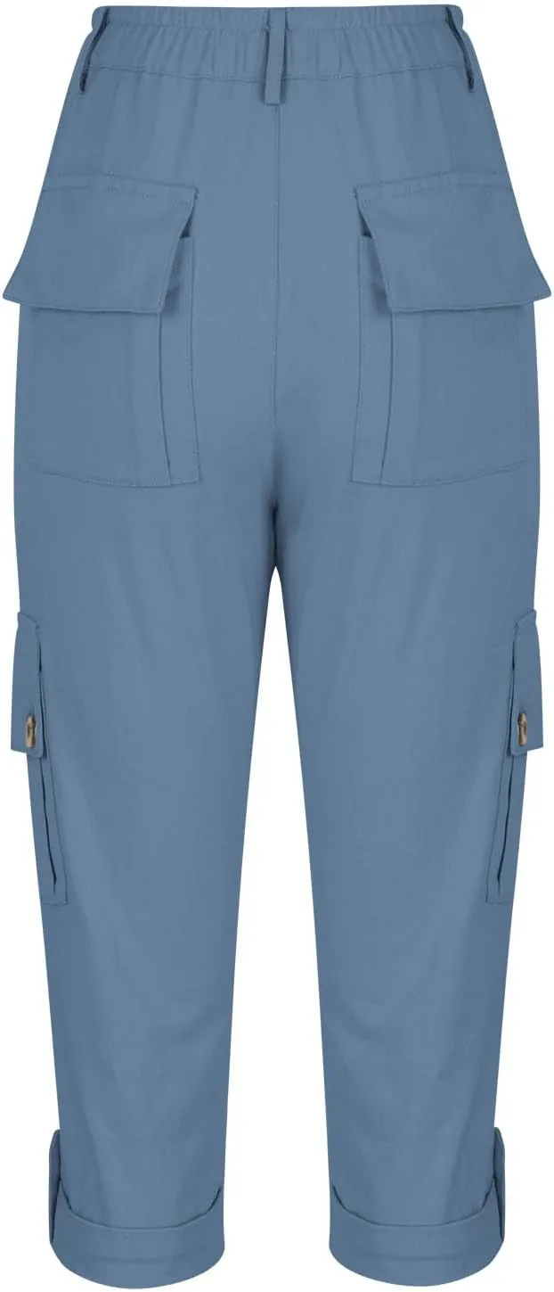 Capri Pants for Women Dressy Casual Elastic Waist Work Capris Loose Lightweight Summer Cropped Trousers Multi Pockets