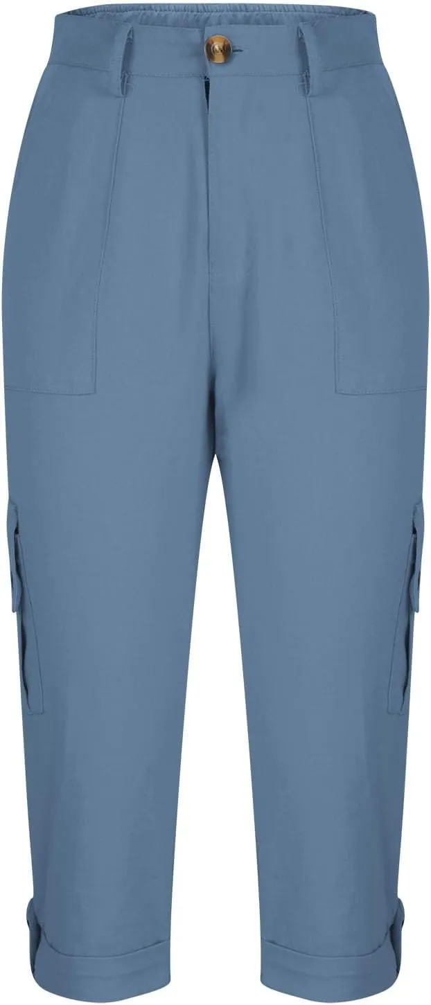 Capri Pants for Women Dressy Casual Elastic Waist Work Capris Loose Lightweight Summer Cropped Trousers Multi Pockets