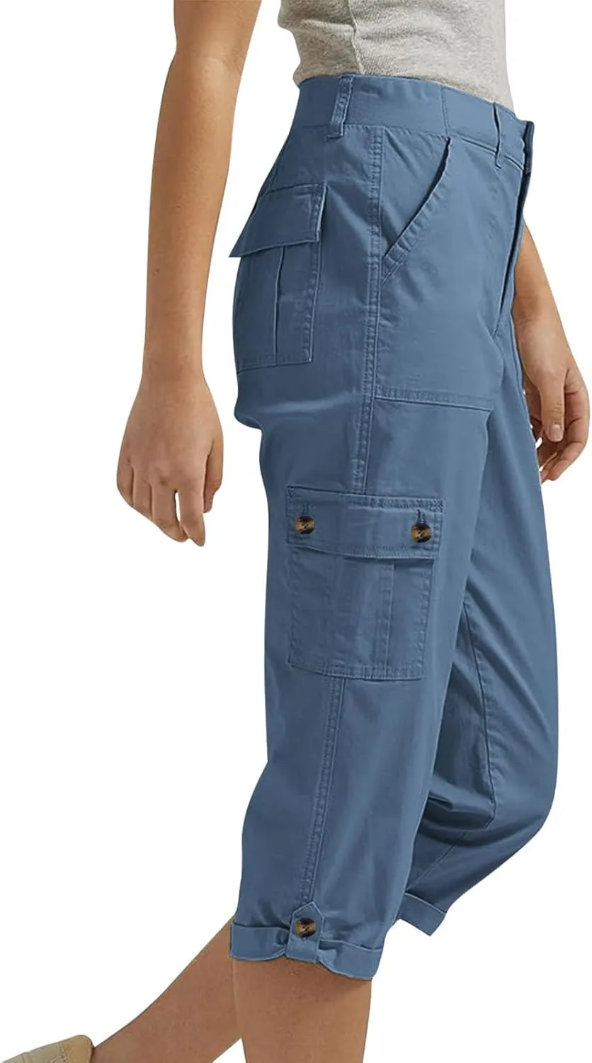Capri Pants for Women Dressy Casual Elastic Waist Work Capris Loose Lightweight Summer Cropped Trousers Multi Pockets
