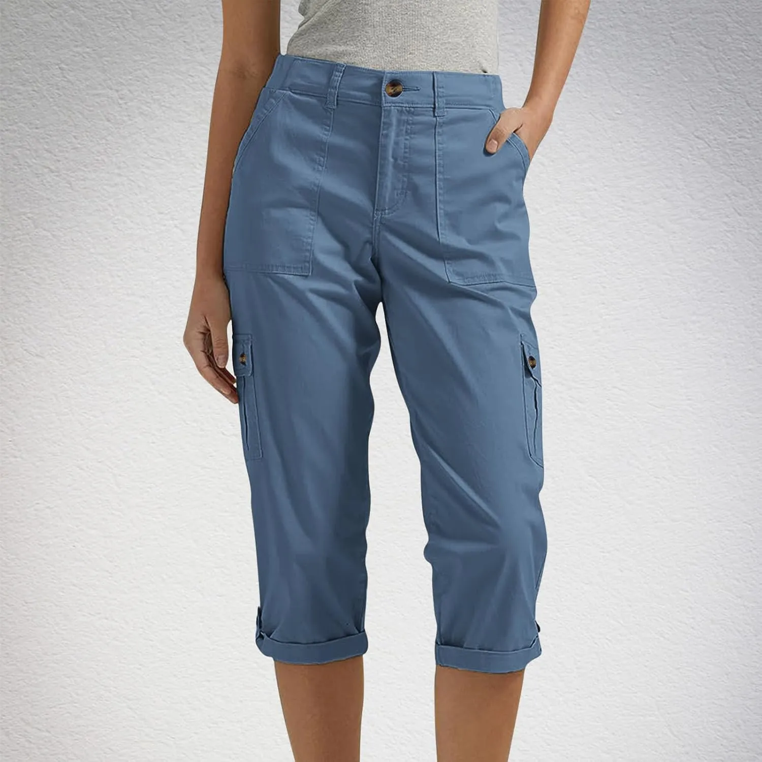 Capri Pants for Women Dressy Casual Elastic Waist Work Capris Loose Lightweight Summer Cropped Trousers Multi Pockets
