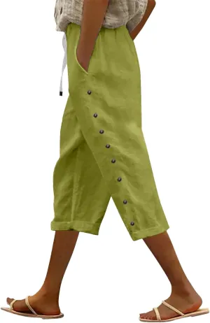Capri Pants for Women Summer High Waist Elastic Straight Leg Lounge Pant Lightweight Side Button Beach Trousers