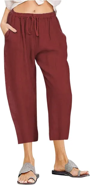 Capris Linen Pants for Women Drawstring Elastic Waist Wide Leg Trousers Solid Color Cropped Pants with Pockets