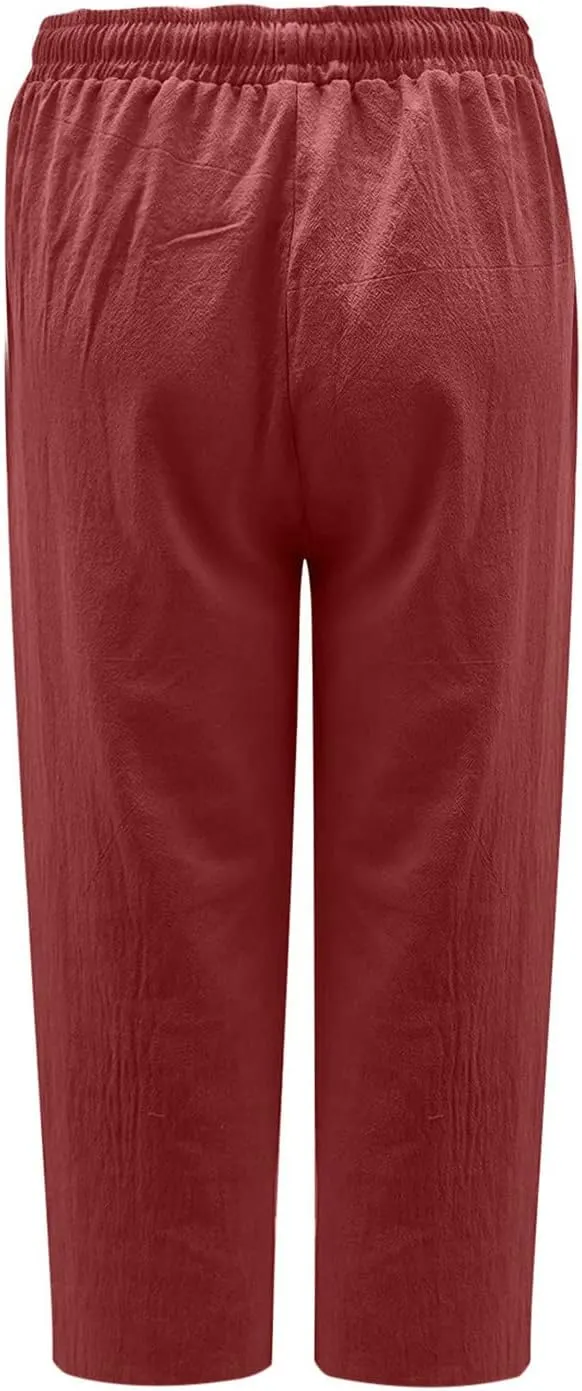 Capris Linen Pants for Women Drawstring Elastic Waist Wide Leg Trousers Solid Color Cropped Pants with Pockets