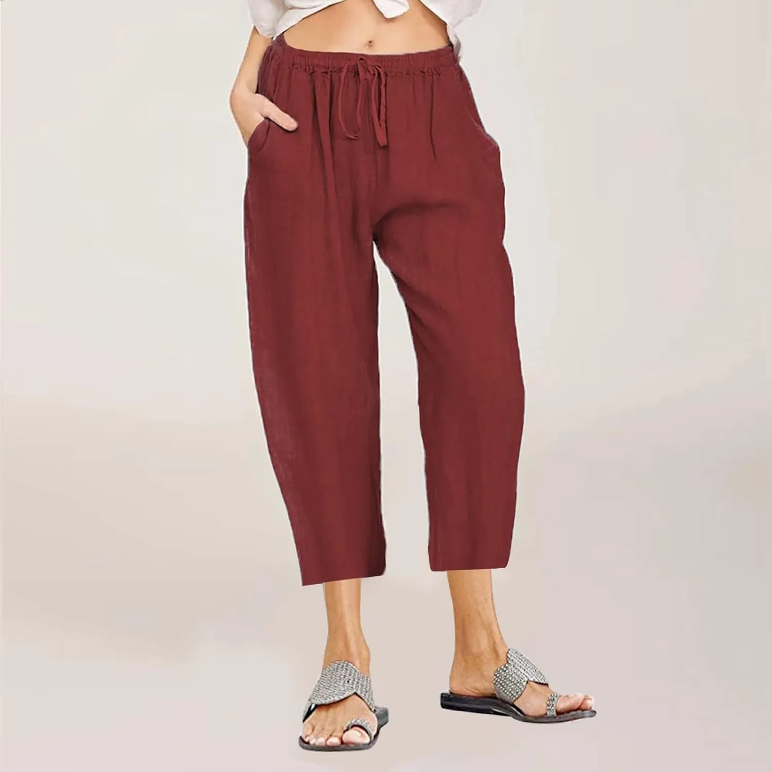 Capris Linen Pants for Women Drawstring Elastic Waist Wide Leg Trousers Solid Color Cropped Pants with Pockets