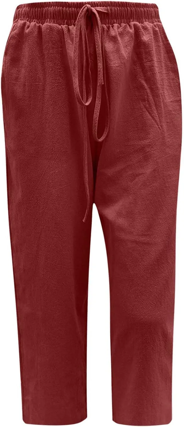 Capris Linen Pants for Women Drawstring Elastic Waist Wide Leg Trousers Solid Color Cropped Pants with Pockets