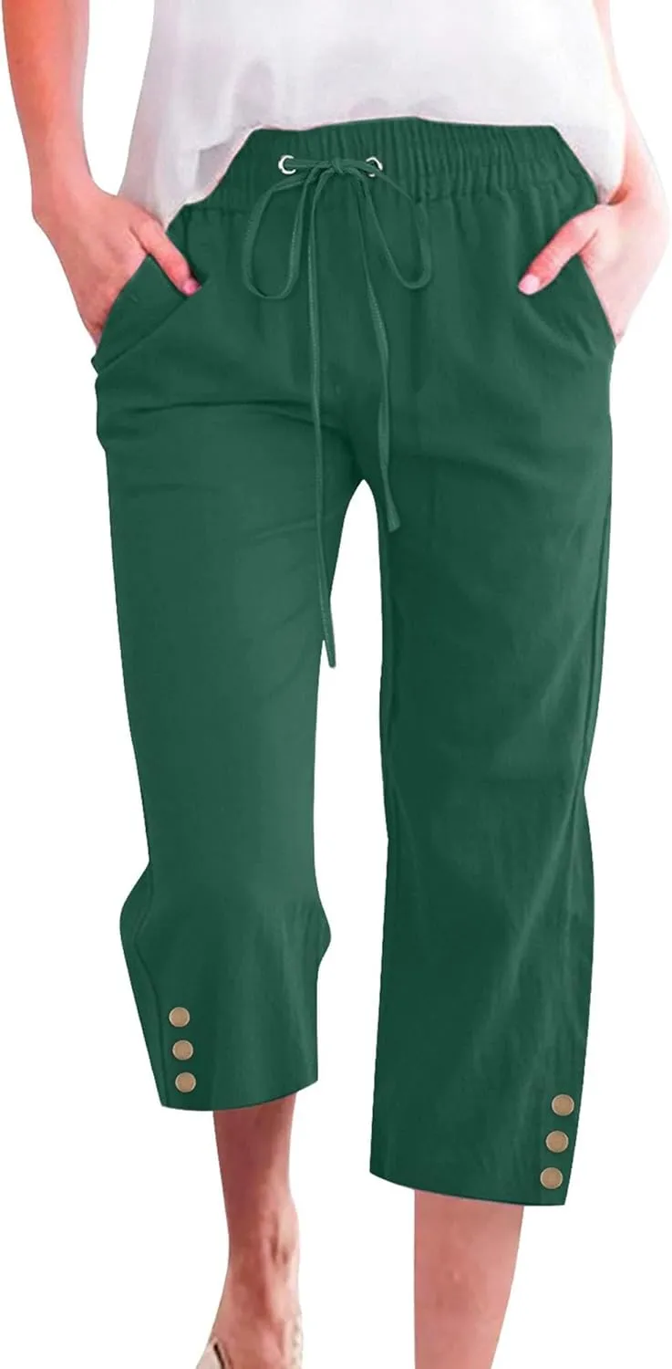 Capris Pants for Women High Waist Drawstring Comfy Casual Pants Lightweight Loose Trousers ButtonsTrim with Pocket