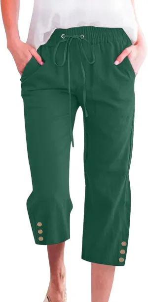 Capris Pants for Women High Waist Drawstring Comfy Casual Pants Lightweight Loose Trousers ButtonsTrim with Pocket