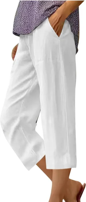Capris Pants for Women Summer Dressy High Waight Drawstring Linen Pants Plus Size Trendy Beach Lounge Trousers with Pockets