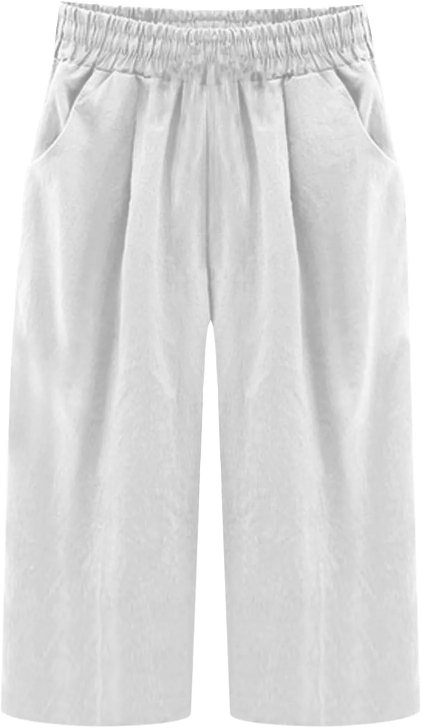 Capris Pants for Women Summer Dressy High Waight Drawstring Linen Pants Plus Size Trendy Beach Lounge Trousers with Pockets