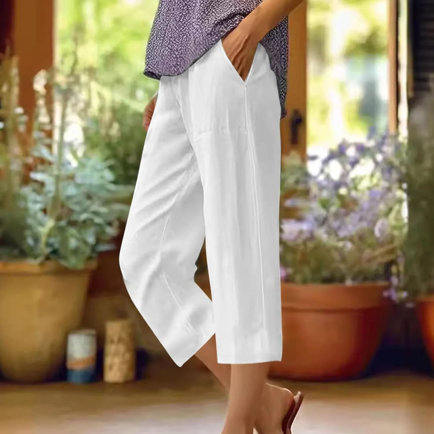 Capris Pants for Women Summer Dressy High Waight Drawstring Linen Pants Plus Size Trendy Beach Lounge Trousers with Pockets