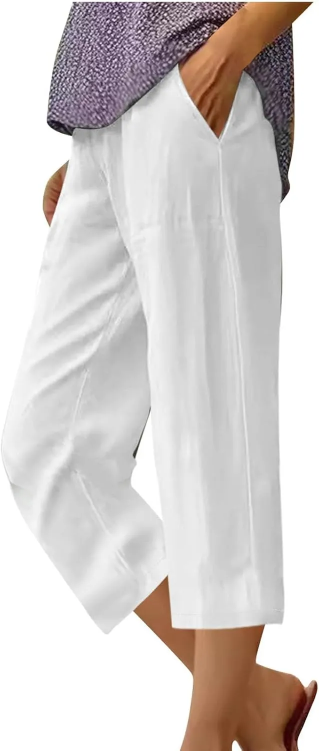 Capris Pants for Women Summer Dressy High Waight Drawstring Linen Pants Plus Size Trendy Beach Lounge Trousers with Pockets