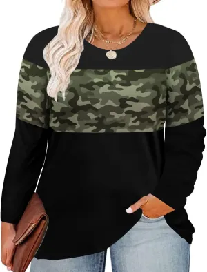 CARCOS Plus Size Tops for Women Color Block Flower/Striped/Camo Crew Neck Long Sleeve Tee Shirt