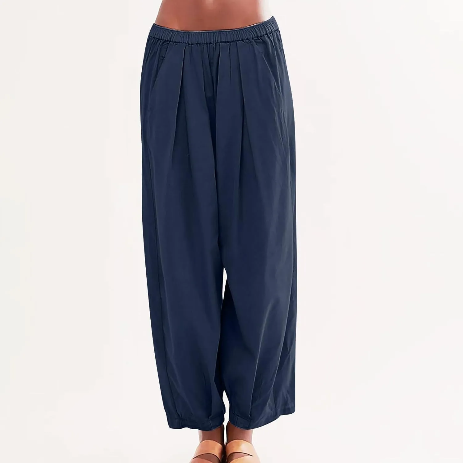 Casual Cotton Linen Pants Womens Classic Wide Leg Slacks Trendy Elastic Waist Pant Summer Loose Flowy Lounge Trousers