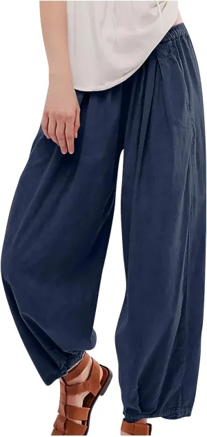 Casual Cotton Linen Pants Womens Classic Wide Leg Slacks Trendy Elastic Waist Pant Summer Loose Flowy Lounge Trousers