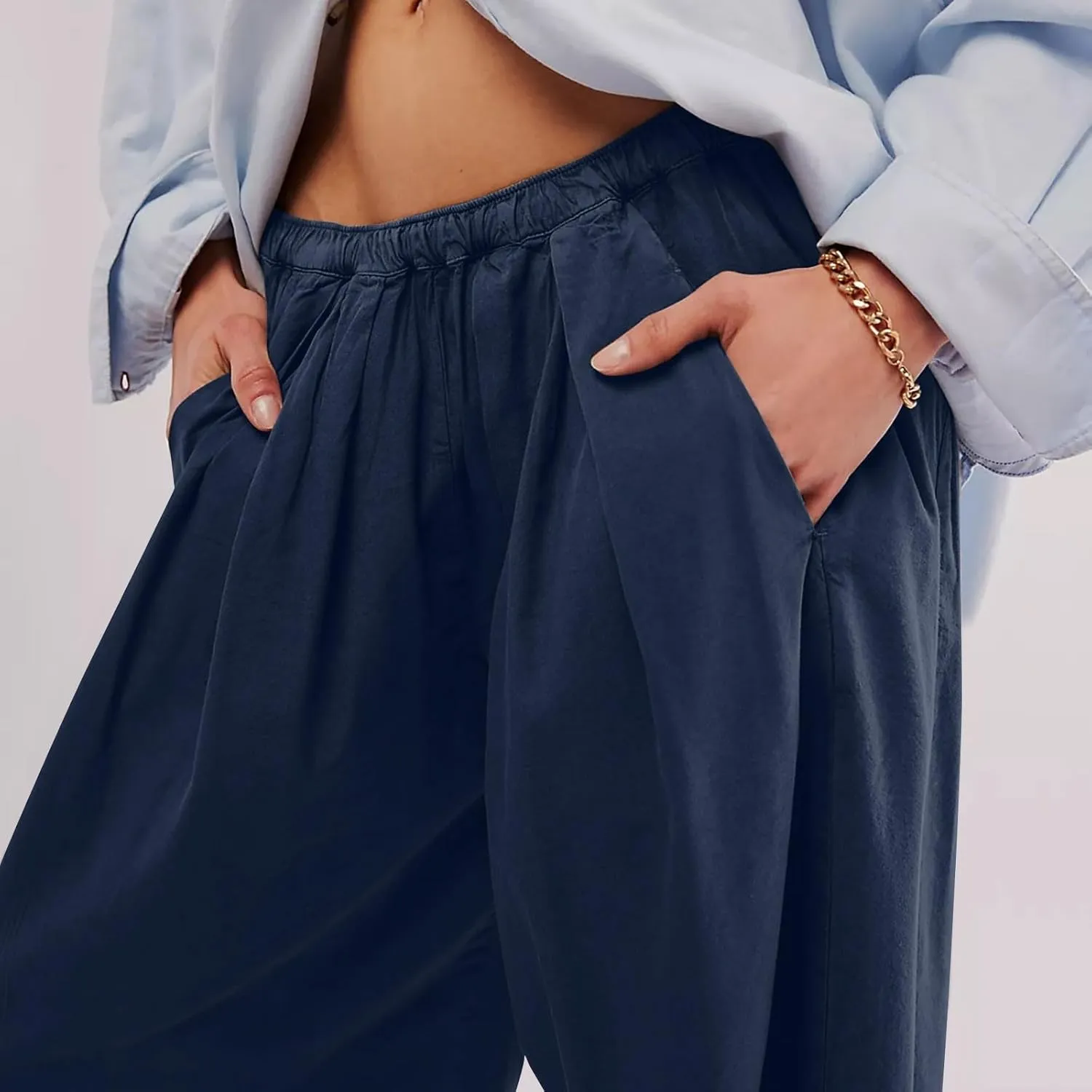 Casual Cotton Linen Pants Womens Classic Wide Leg Slacks Trendy Elastic Waist Pant Summer Loose Flowy Lounge Trousers