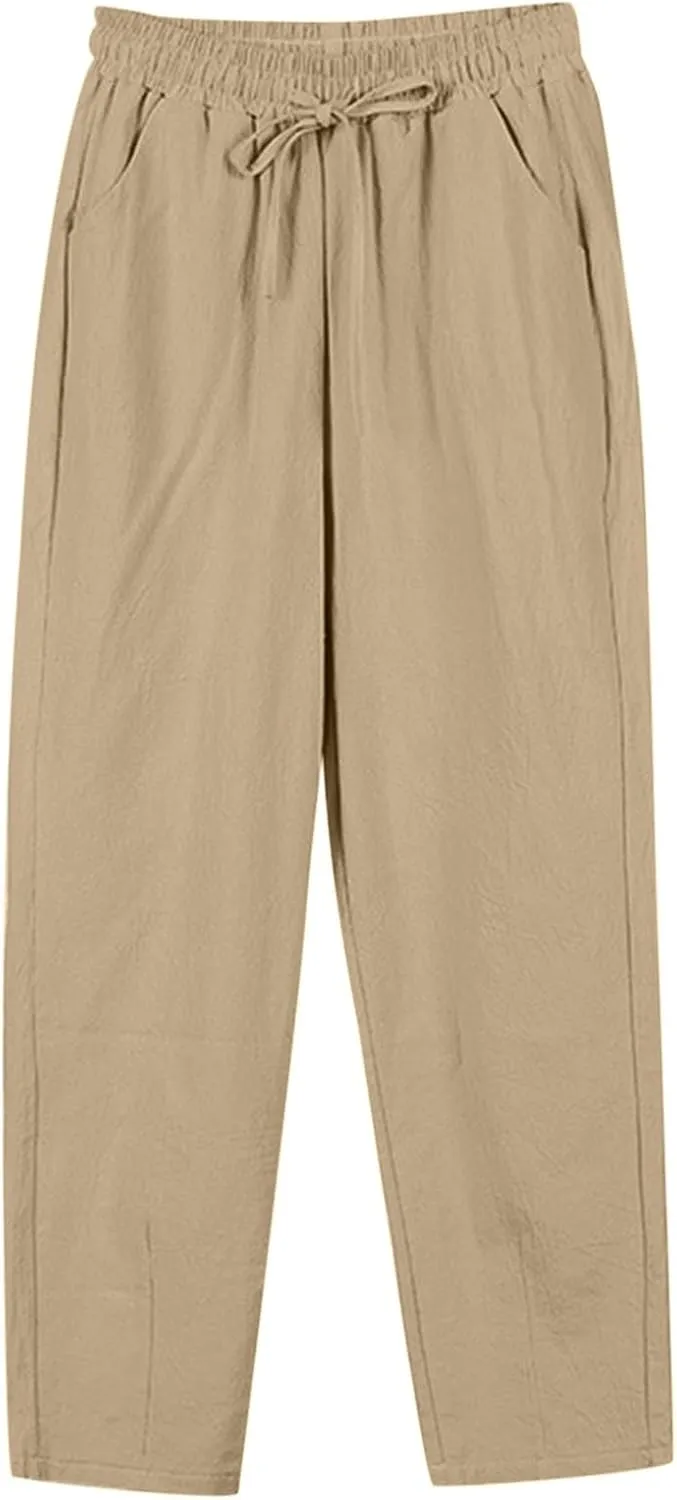Casual Linen Pants for Women 2025 Summer Straight Leg Pant Drawstring High Waist Loose Comfy Cotton Beach Trousers