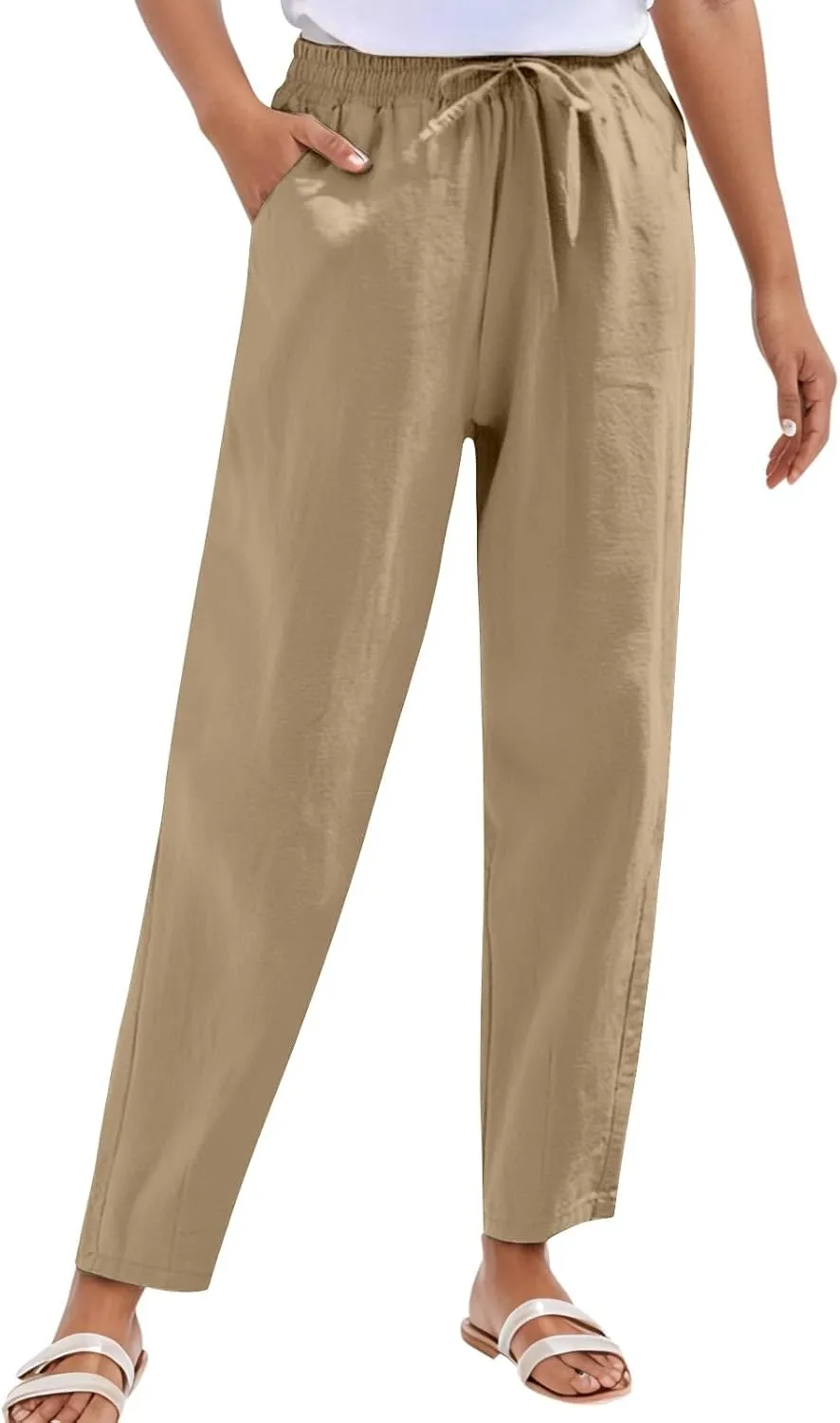 Casual Linen Pants for Women 2025 Summer Straight Leg Pant Drawstring High Waist Loose Comfy Cotton Beach Trousers