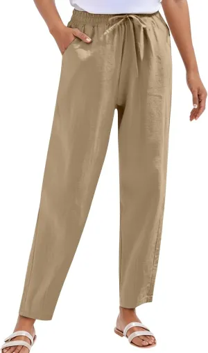 Casual Linen Pants for Women 2025 Summer Straight Leg Pant Drawstring High Waist Loose Comfy Cotton Beach Trousers