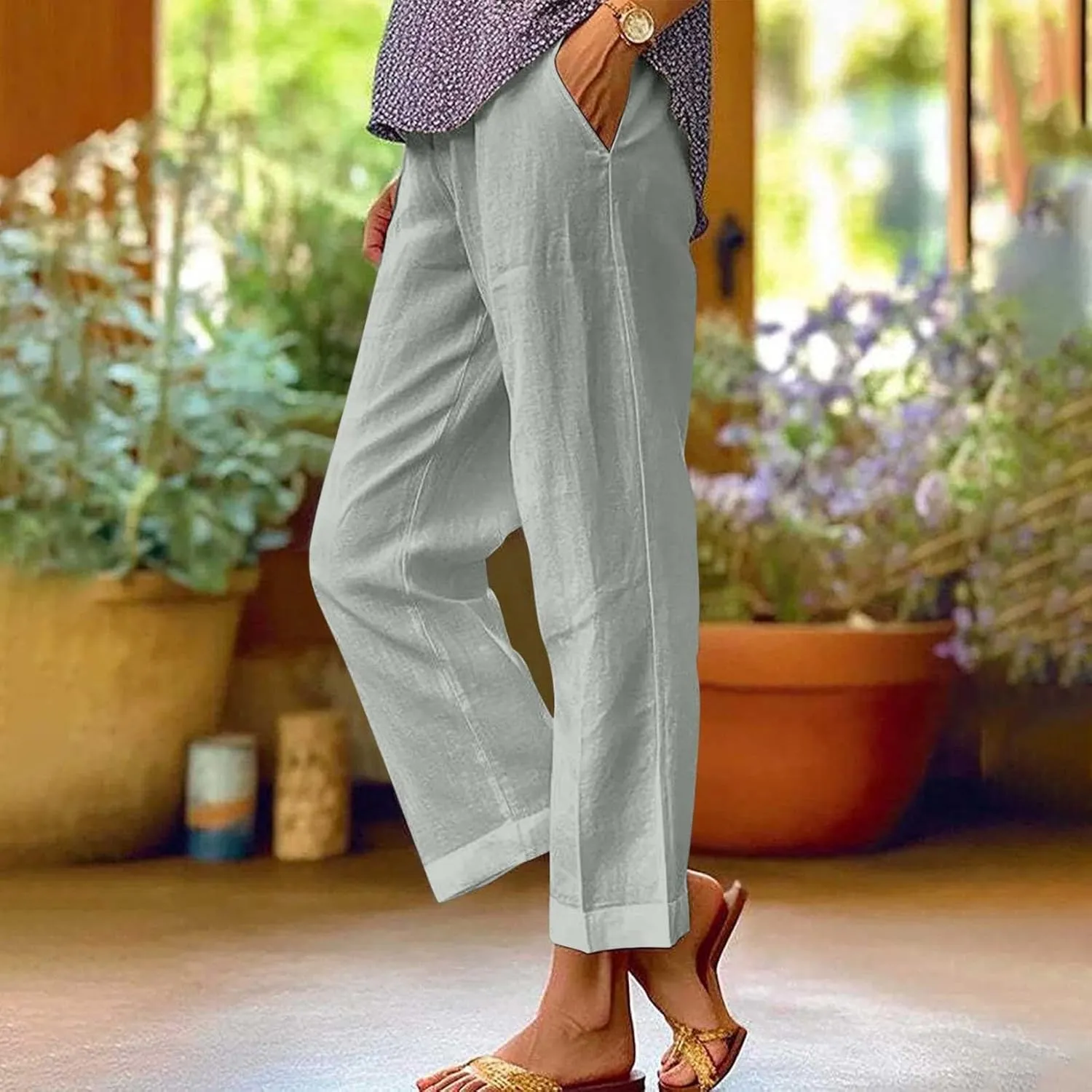 Casual Linen Pants Women Petite High Waist Business Slacks Stretch Flowy Pants 2025 Summer Vacation Linen Trousers