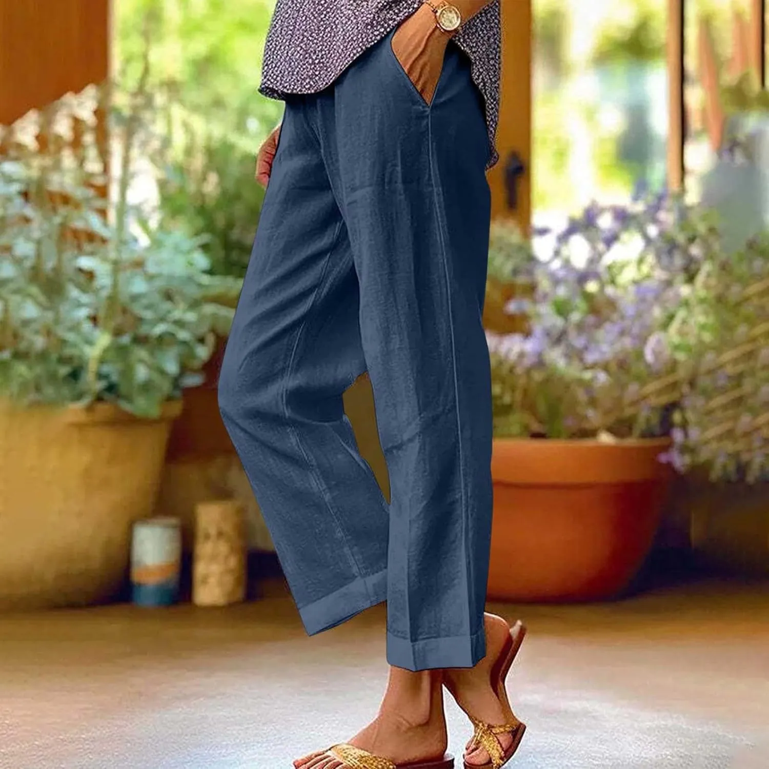 Casual Linen Pants Women Petite High Waist Business Slacks Stretch Flowy Pants 2025 Summer Vacation Linen Trousers
