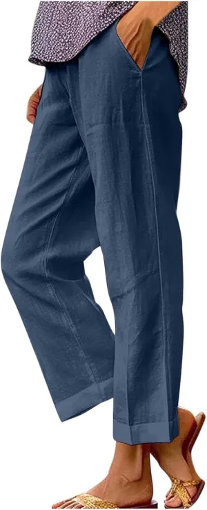 Casual Linen Pants Women Petite High Waist Business Slacks Stretch Flowy Pants 2025 Summer Vacation Linen Trousers