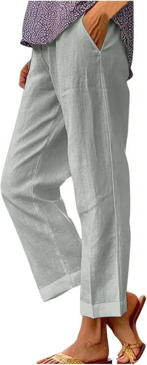 Casual Linen Pants Women Petite High Waist Business Slacks Stretch Flowy Pants 2025 Summer Vacation Linen Trousers