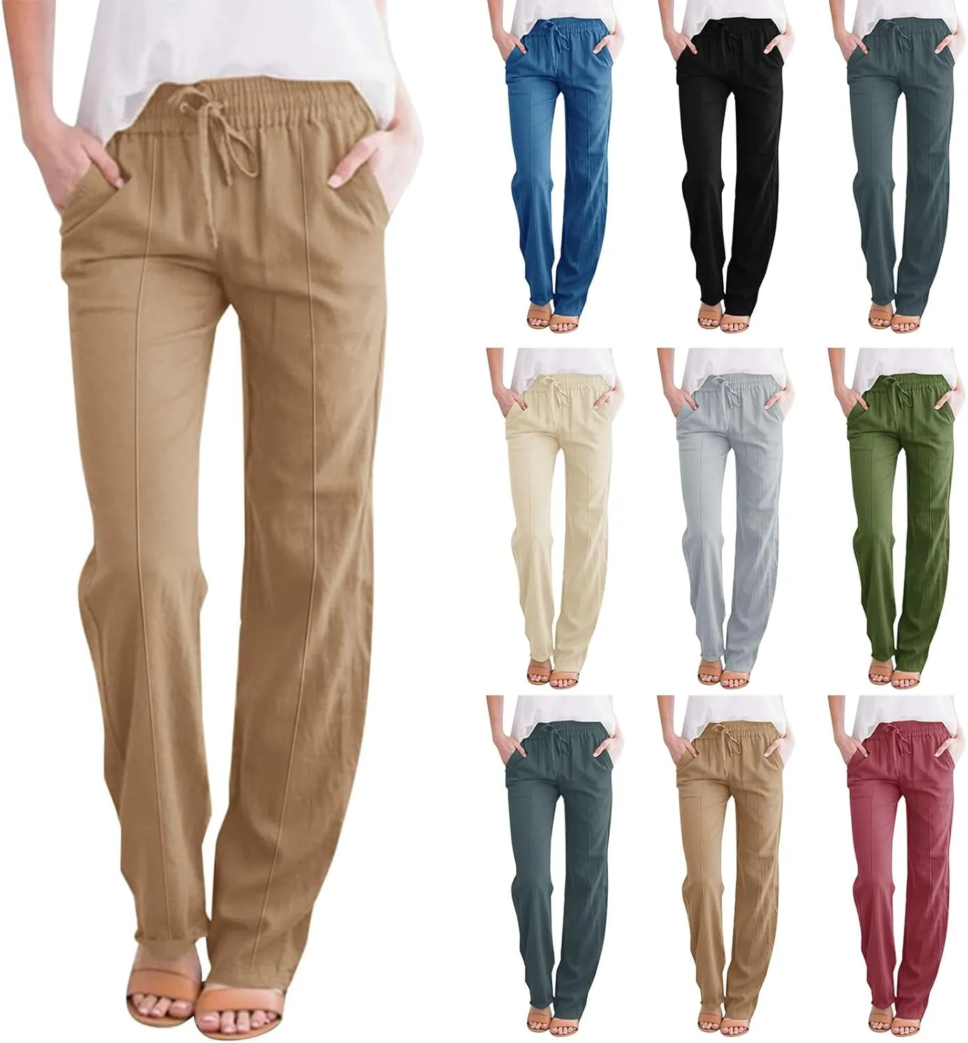 Casual Linen Pants Women Summer Trendy Drawstring Waist Plus Size Pants Lightweight Baggy Lounge Pants with Pockets