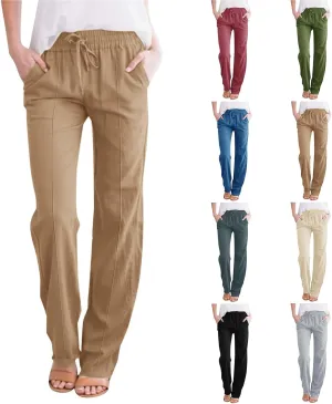 Casual Linen Pants Women Summer Trendy Drawstring Waist Plus Size Pants Lightweight Baggy Lounge Pants with Pockets