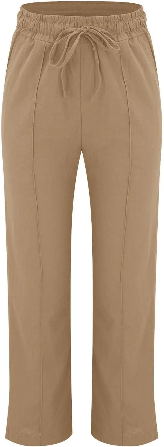 Casual Linen Pants Women Summer Trendy Drawstring Waist Plus Size Pants Lightweight Baggy Lounge Pants with Pockets