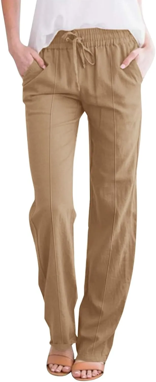 Casual Linen Pants Women Summer Trendy Drawstring Waist Plus Size Pants Lightweight Baggy Lounge Pants with Pockets