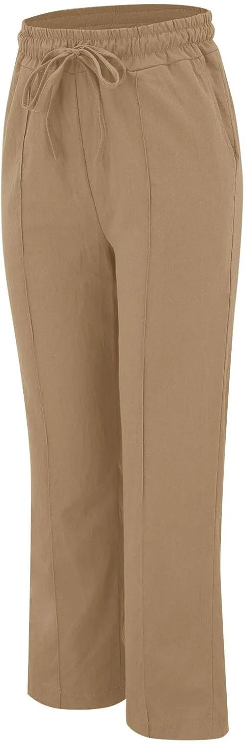 Casual Linen Pants Women Summer Trendy Drawstring Waist Plus Size Pants Lightweight Baggy Lounge Pants with Pockets