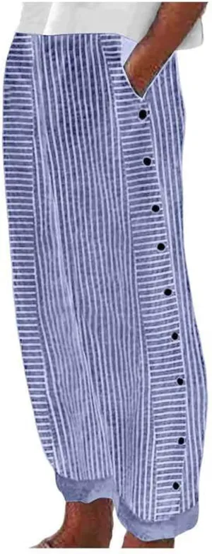 Casual Pants for Women Striped Side Button Elastic Waist Trendy Pants Straight Leg Lightweight Trousers with Pocket