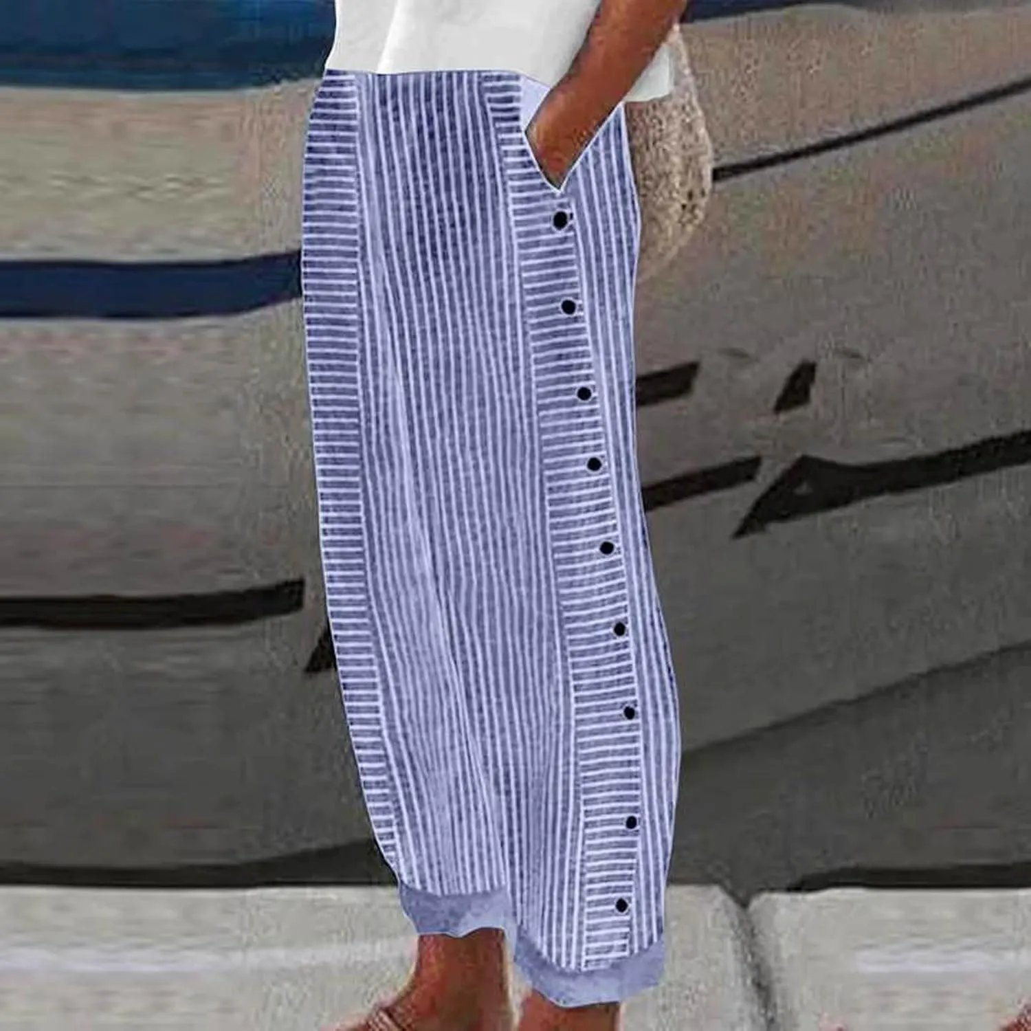 Casual Pants for Women Striped Side Button Elastic Waist Trendy Pants Straight Leg Lightweight Trousers with Pocket
