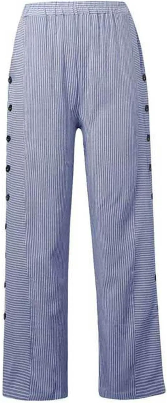 Casual Pants for Women Striped Side Button Elastic Waist Trendy Pants Straight Leg Lightweight Trousers with Pocket