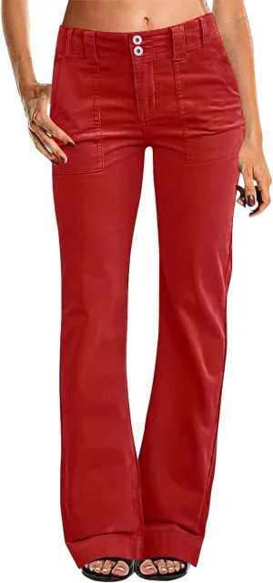 Causal Wide Leg Pants for Women Y2K Stretch Twill High Waisted Chino Pants Comfy Slim Fit Dress Pants with Pockets