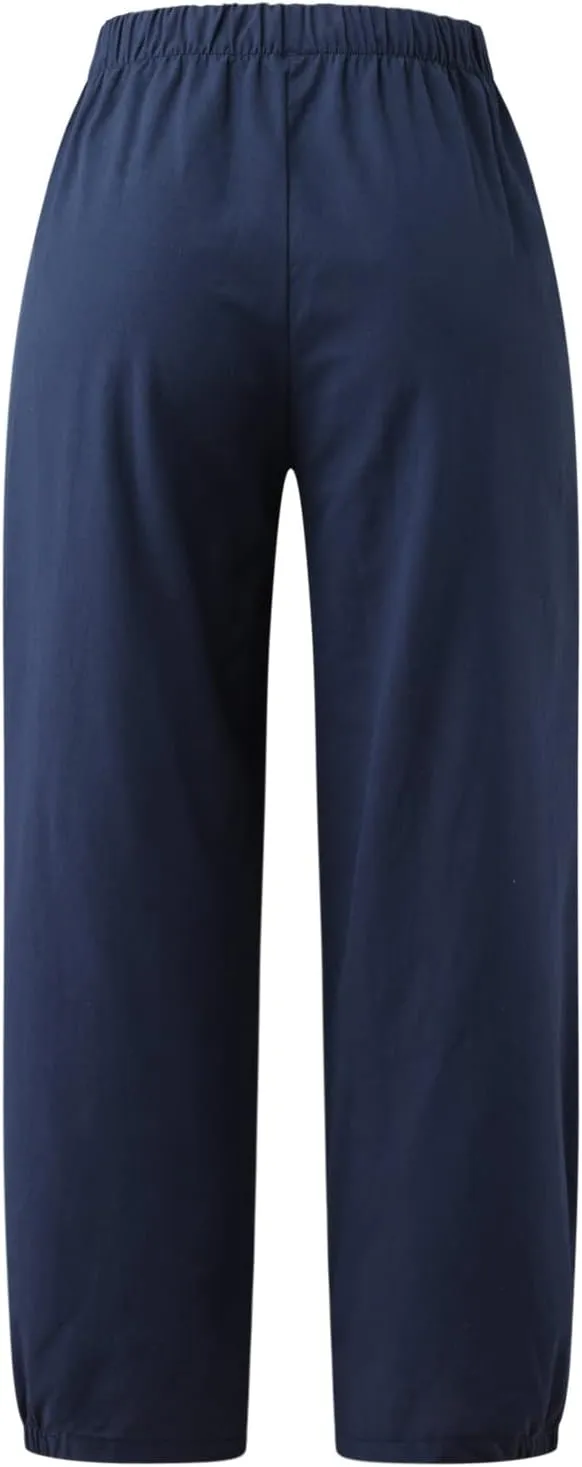 Ceboyel Women's Cotton Linen Pants Elastic Waist Pockets Casual Pants Wide Straight Leg Ankle Trousers Summer Baggy Outfits