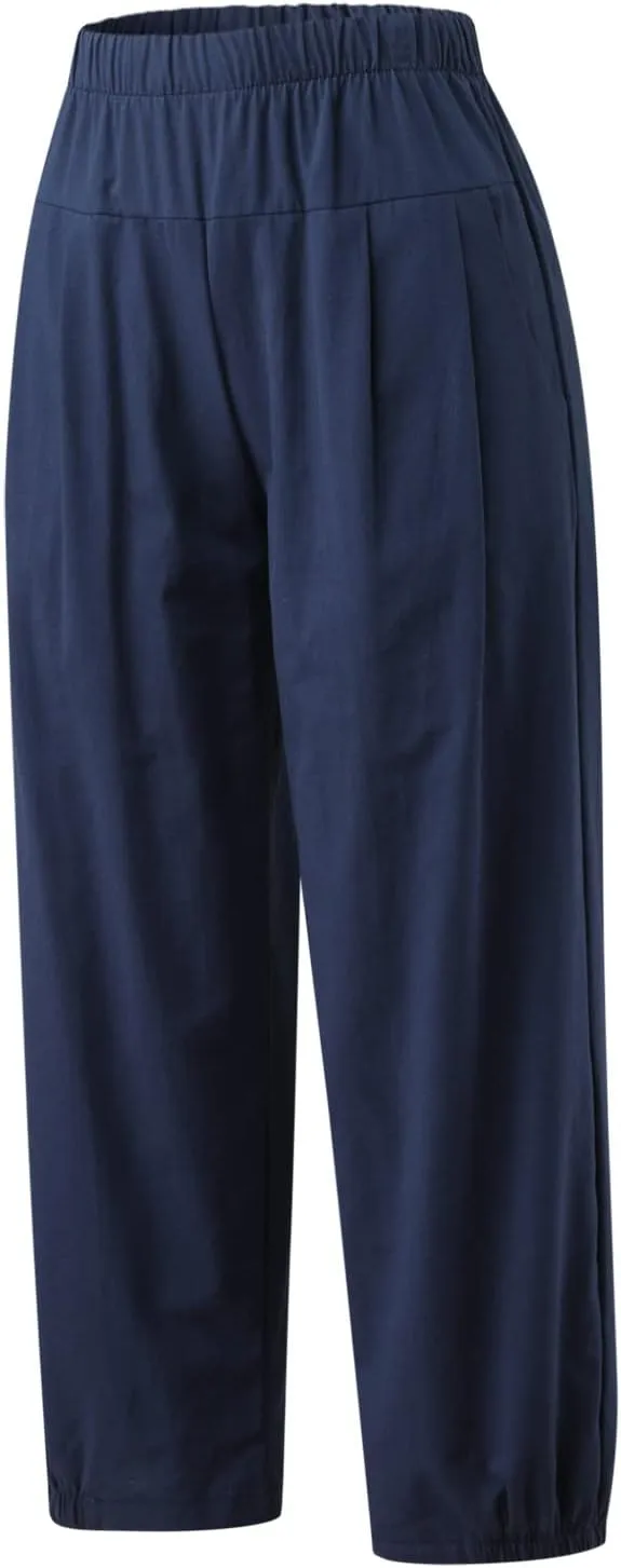 Ceboyel Women's Cotton Linen Pants Elastic Waist Pockets Casual Pants Wide Straight Leg Ankle Trousers Summer Baggy Outfits