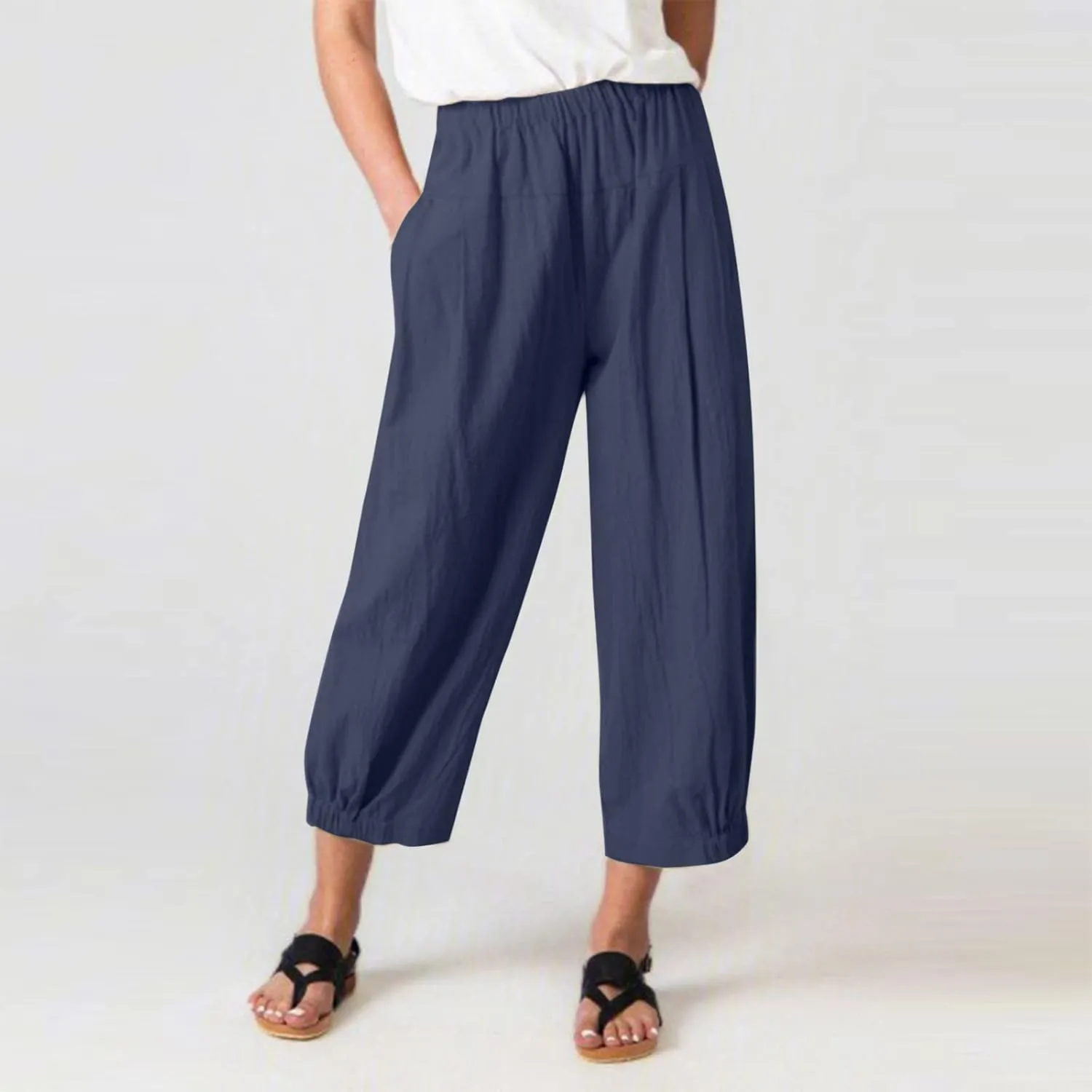 Ceboyel Women's Cotton Linen Pants Elastic Waist Pockets Casual Pants Wide Straight Leg Ankle Trousers Summer Baggy Outfits