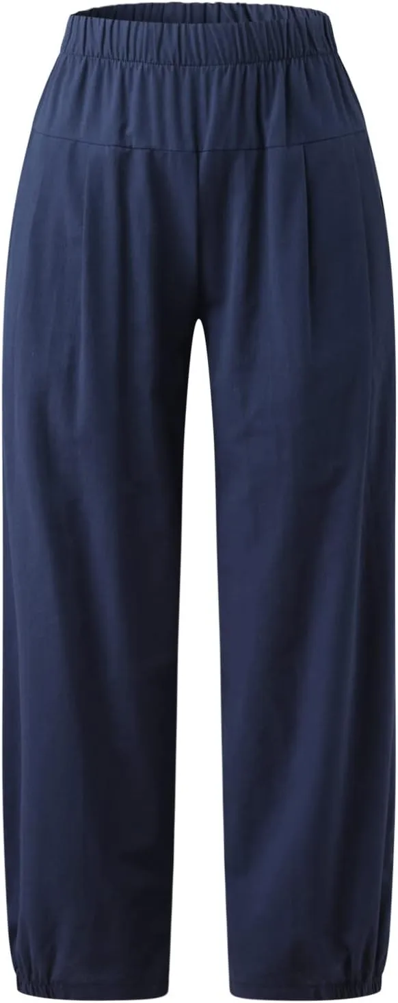 Ceboyel Women's Cotton Linen Pants Elastic Waist Pockets Casual Pants Wide Straight Leg Ankle Trousers Summer Baggy Outfits