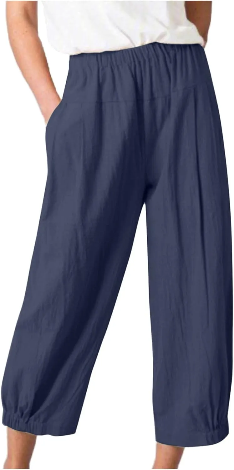 Ceboyel Women's Cotton Linen Pants Elastic Waist Pockets Casual Pants Wide Straight Leg Ankle Trousers Summer Baggy Outfits